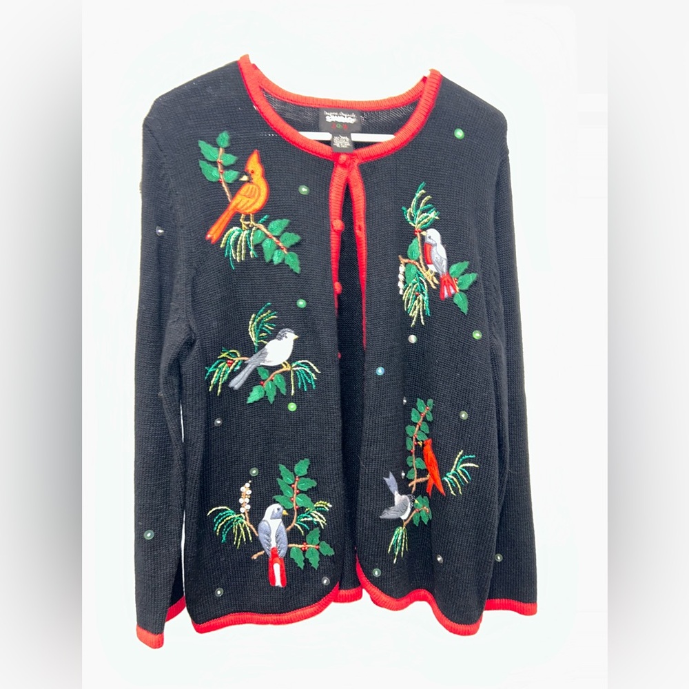Vintage Designers Originals Studio‎ Joy Large Cardigan Beaded Cardinals Holiday